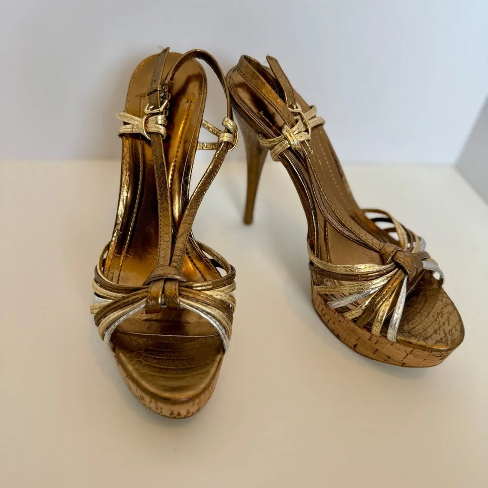BCBG Gold Strappy Cork Platform Heels, Size 7 - Picture 3 of 11